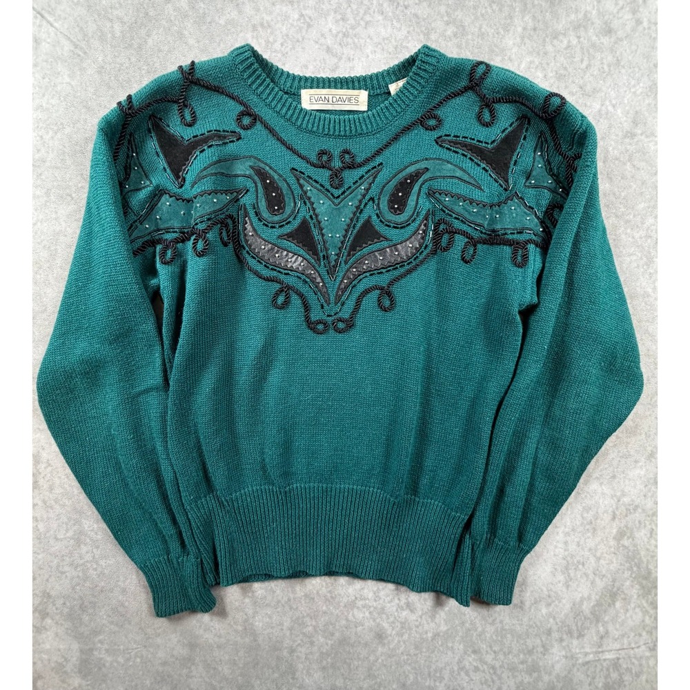 Evan Davies Vintage Womens Small Sweater Ramie Cotton Teal Western Applique